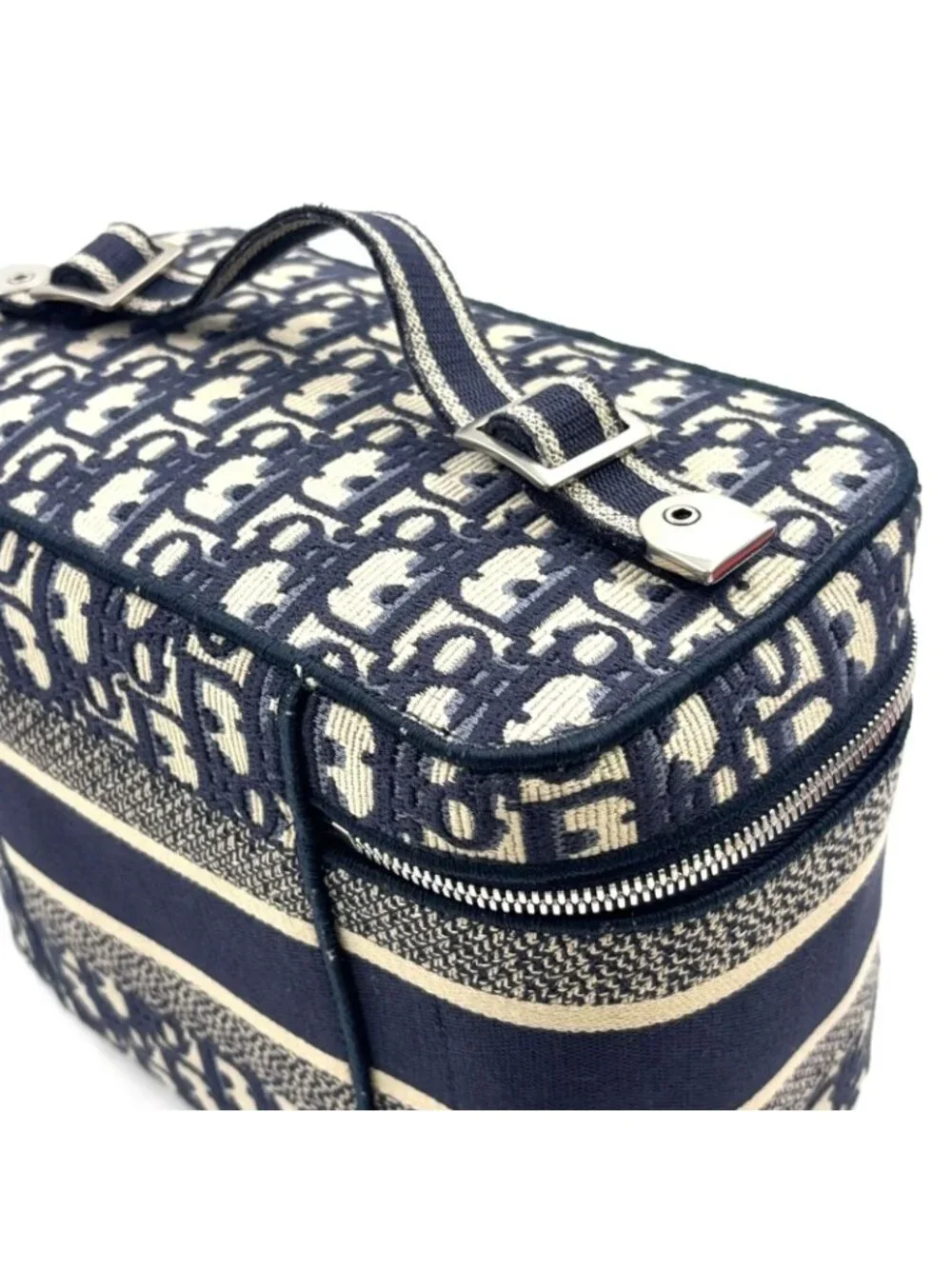 Dior Travel Vanity Cotton Off White Navy Handbag Silver